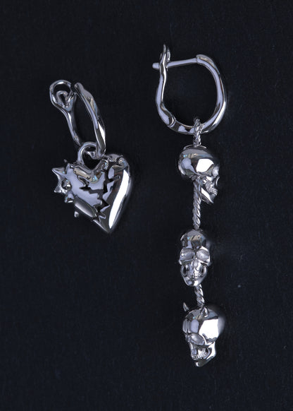 BASE Hoops + CRACKED HEART SPIKED Pendant + 3 SKULLS Pendant